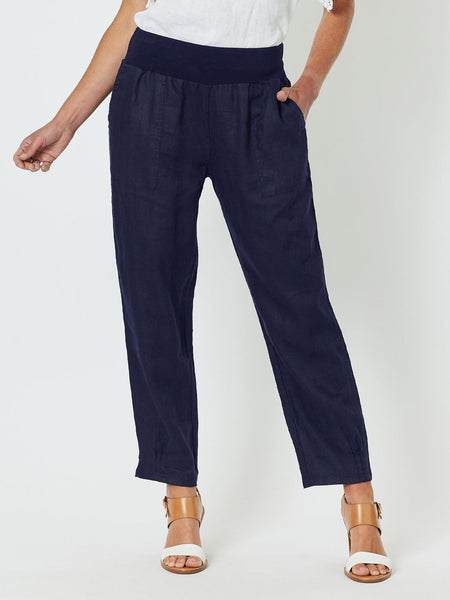 Ribbed Waist Linen Pant - Navy