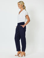 Ribbed Waist Linen Pant - Navy