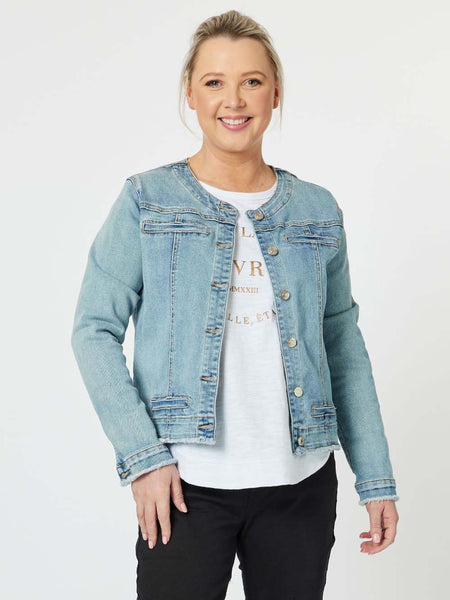 Collarless Denim Jacket - Denim