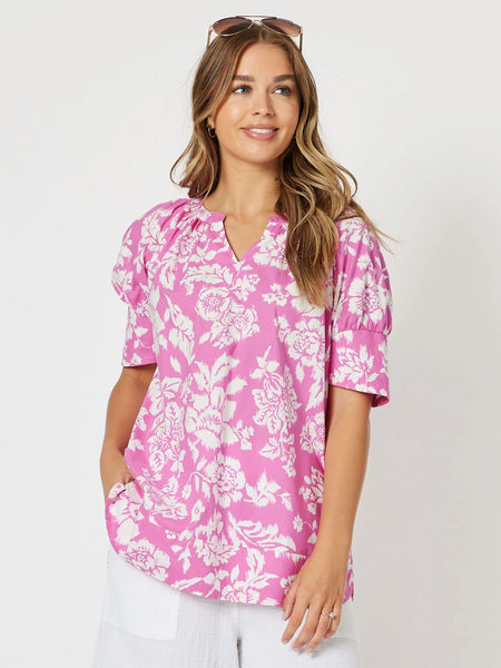 Amour Cotton Print Top - Pink Short Sleeve V Neck