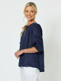 Diana Linen Pleat Top - Navy