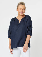 Diana Linen Pleat Top - Navy