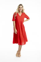 Cotton Layered Midi Dress - Scarlet