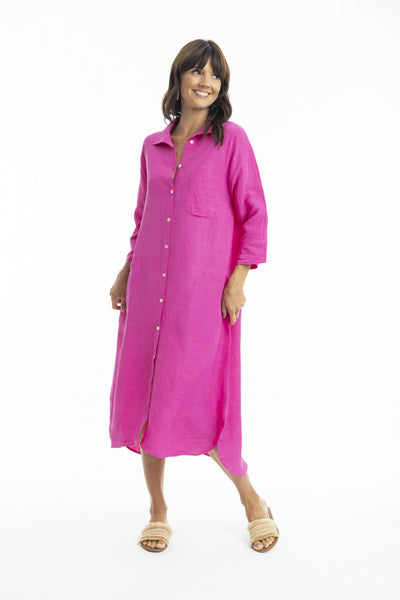 Linen Shirt Dress - Pink