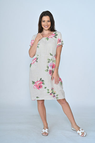 Floral Linen Dress - Beige