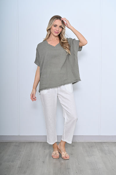 V Neck Fringe Linen Top