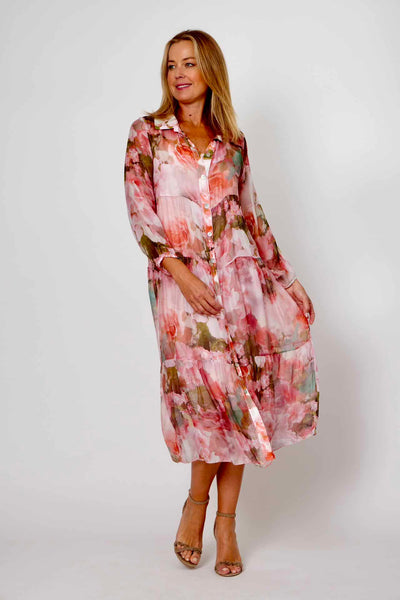 Silk Blend Tier Dress - Pink/Olive