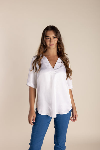 Silky Elbow Sleeve Top - White