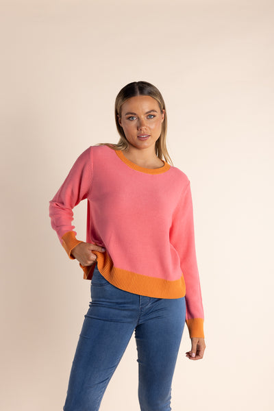 Crew Knit w/Contrast Rib - Pink/Manderine