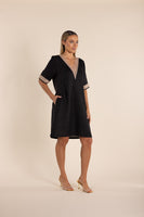 Lace Trim Linen Dress  - Black