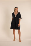 Lace Trim Linen Dress  - Black