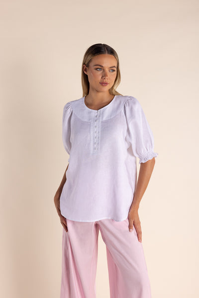 Puff Sleeve Linen Top - White