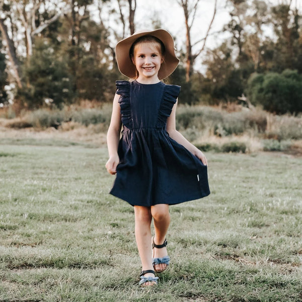 Girls Florence Dress - Navy Linen