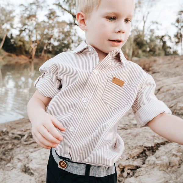 Boys Dress Shirt - Beige Pinstripe