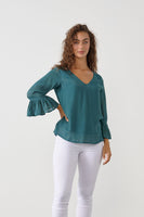 V-Neck Ruffle Sleeve Blouse - Green