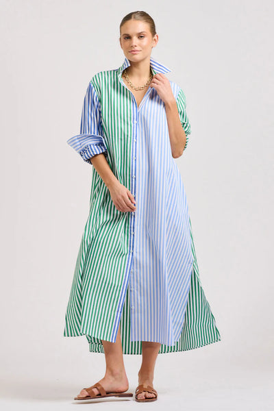 The Luna Oversized Shirtdress - Blue/Green Stripe Combo