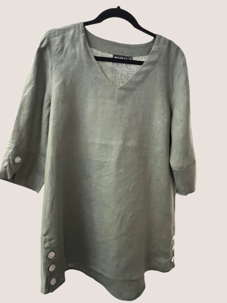 V Neck Linen Tunic - Olive