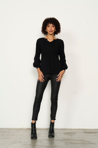 Half Rib Knit & Puff Sleeve - Black