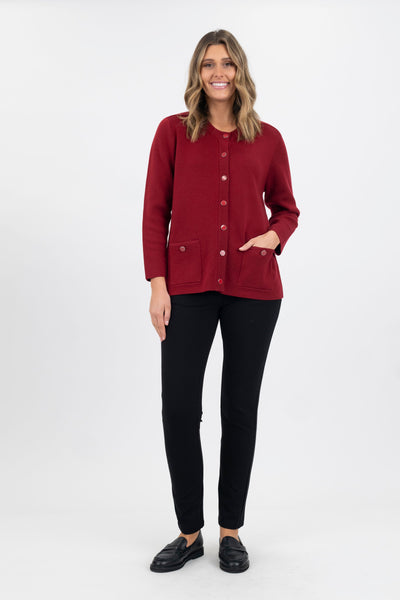 Crew Neck Cardigan - Ruby